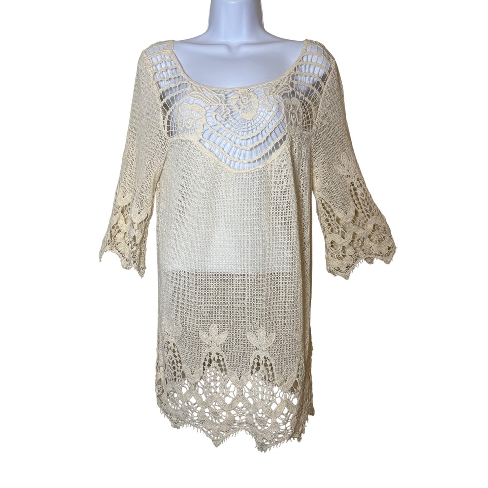 XCVI‎ Cream Crochet Lace Mini Dress Tunic Top Boho Festival Size S Beach Pool